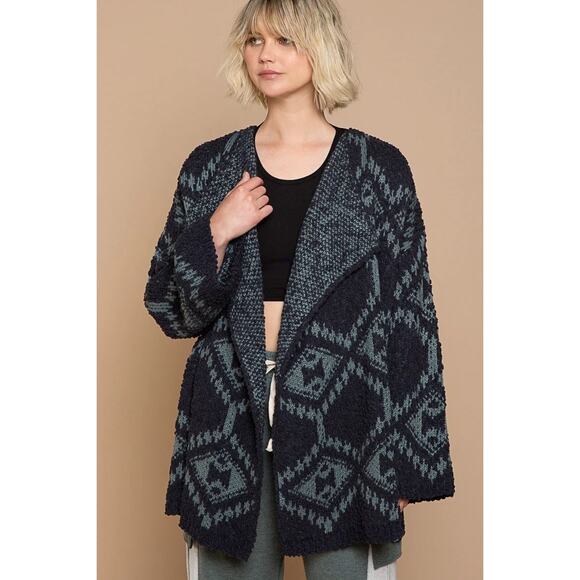 Pol Blue Soft Comfortable Relaxed Aztec Open Popcorn Sweater Cardigan Size Small - Picture 1 of 10